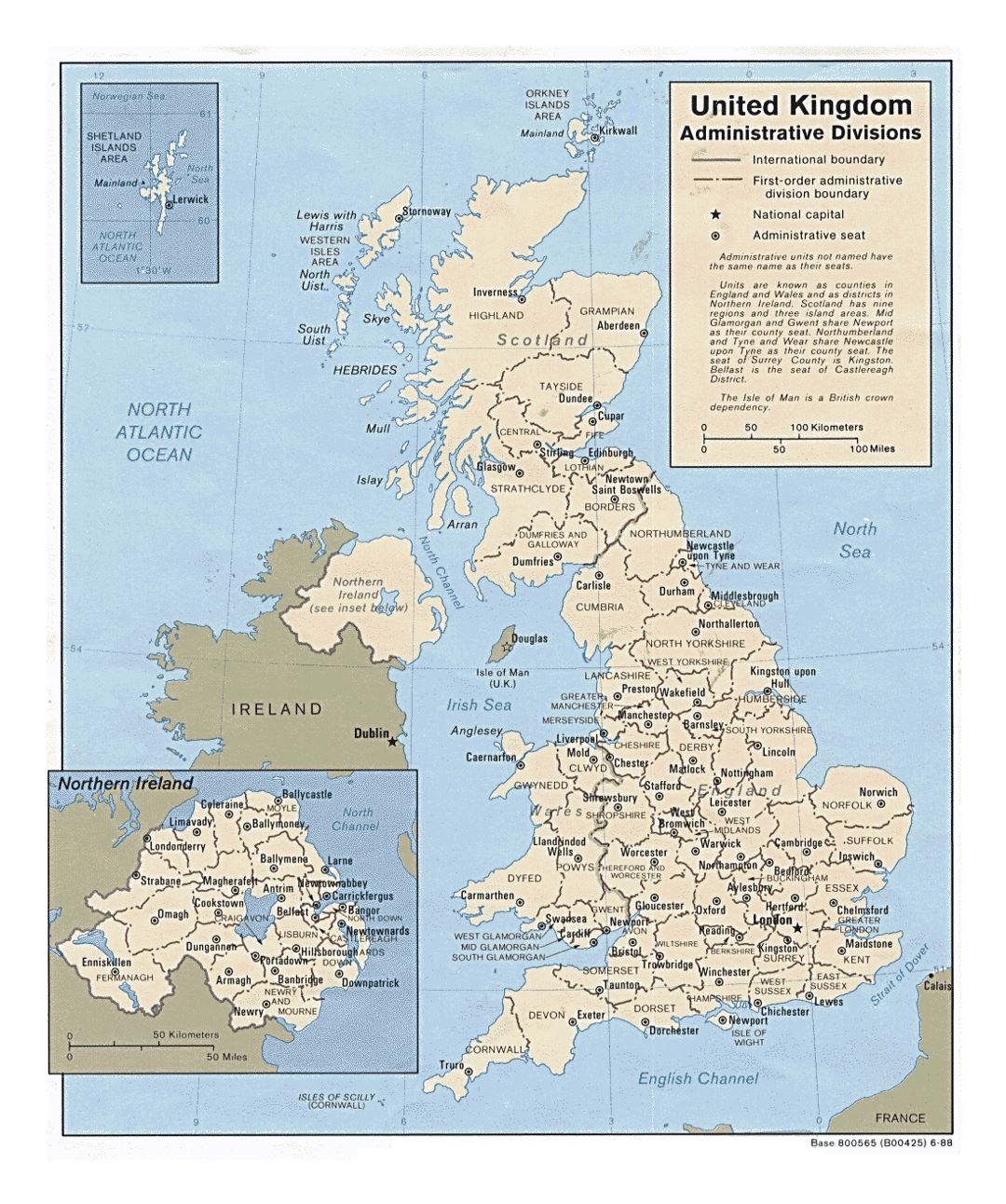 Detallado mapa de administrativas divisiones del Reino Unido - 1988