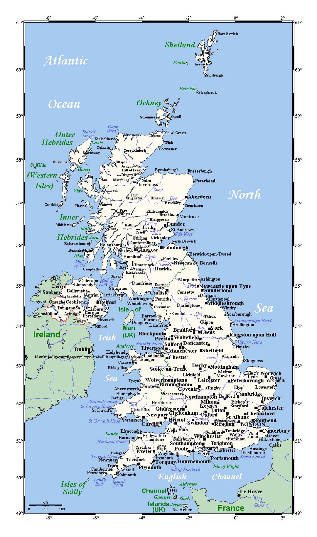 Detallado mapa del Reino Unido con ciudades