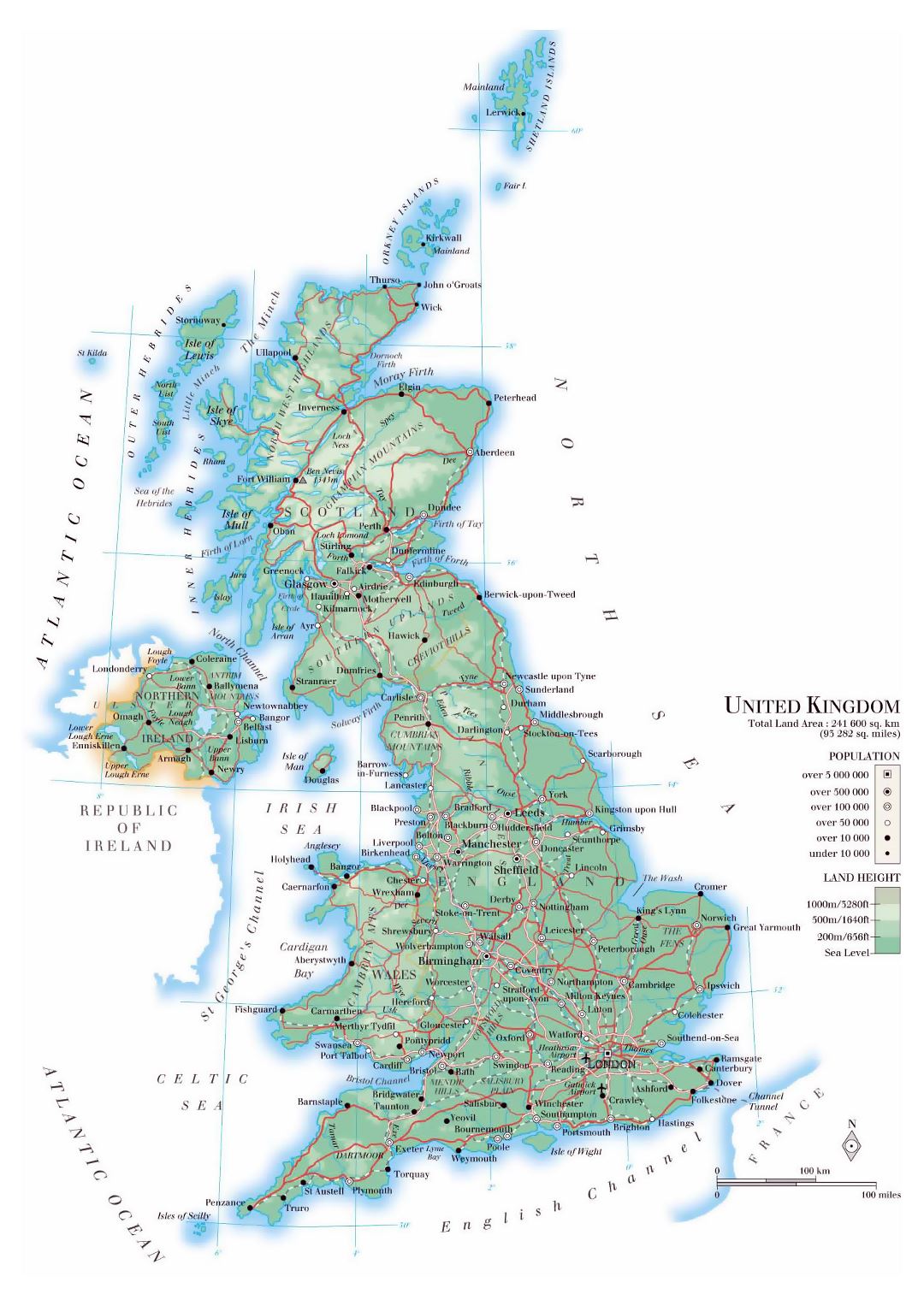 Detallado mapa físico del Reino Unido con carreteras, ciudades y aeropuertos