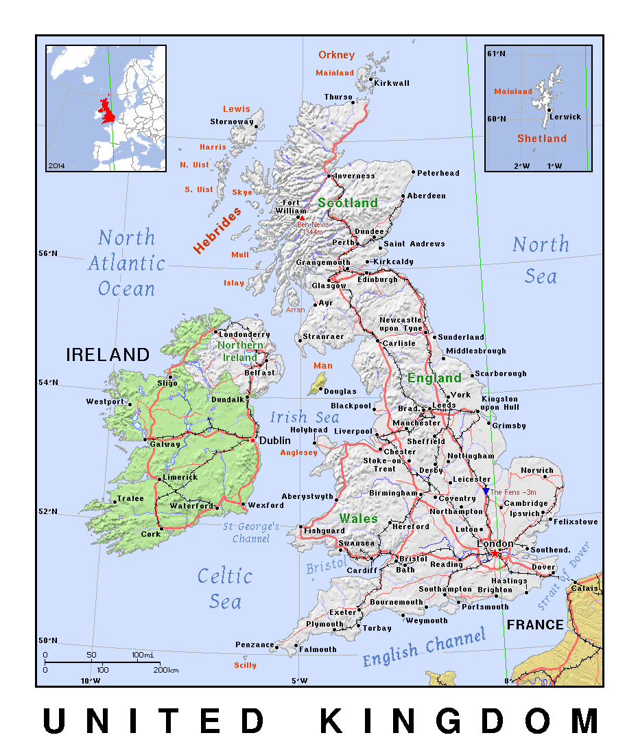 Detallado mapa político del Reino Unido con relieve | Reino Unido