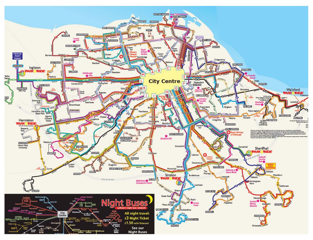 Detallado mapa del autobús de ciudad de Edimburgo