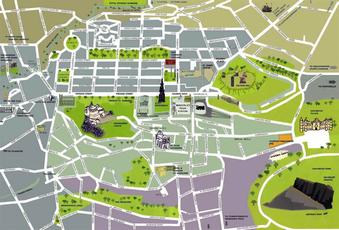 Detallado mapa turístico del centro de ciudad de Edimburgo