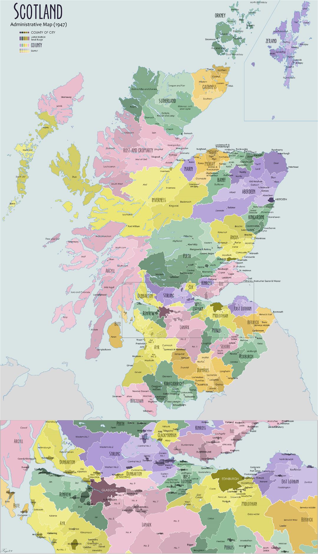 Grande detallado mapa administrativo de Escocia - 1947
