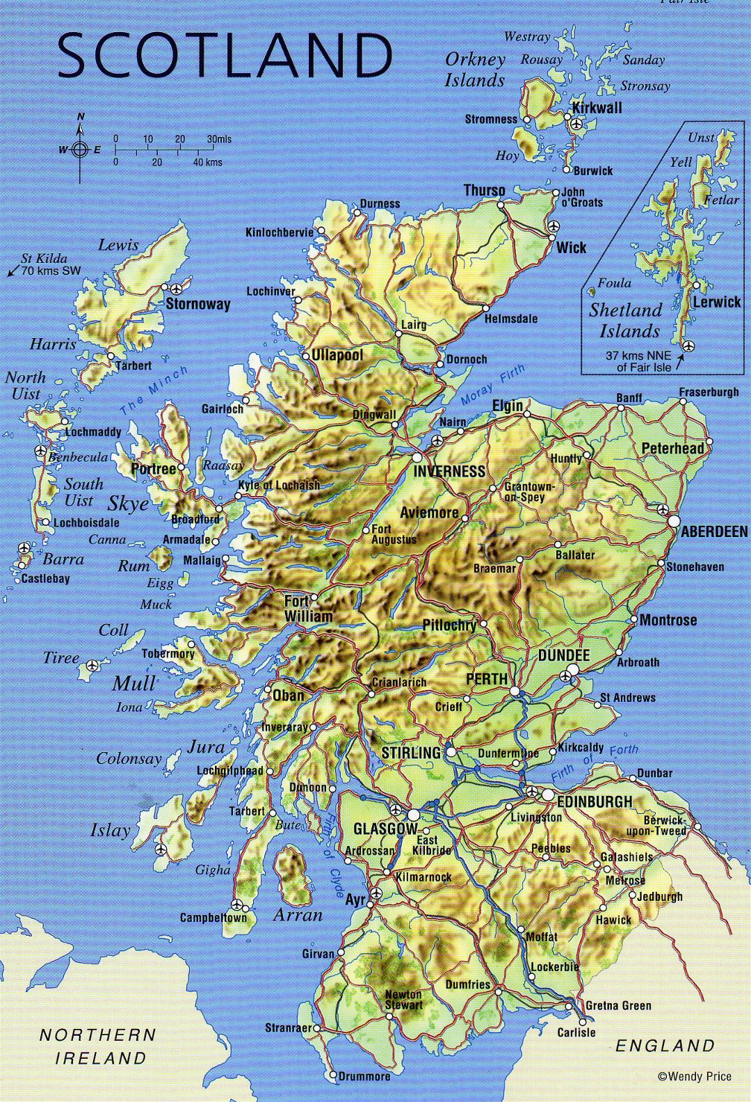 Grande detallado mapa de Escocia con relieve, carreteras, principales ciudades y aeropuertos