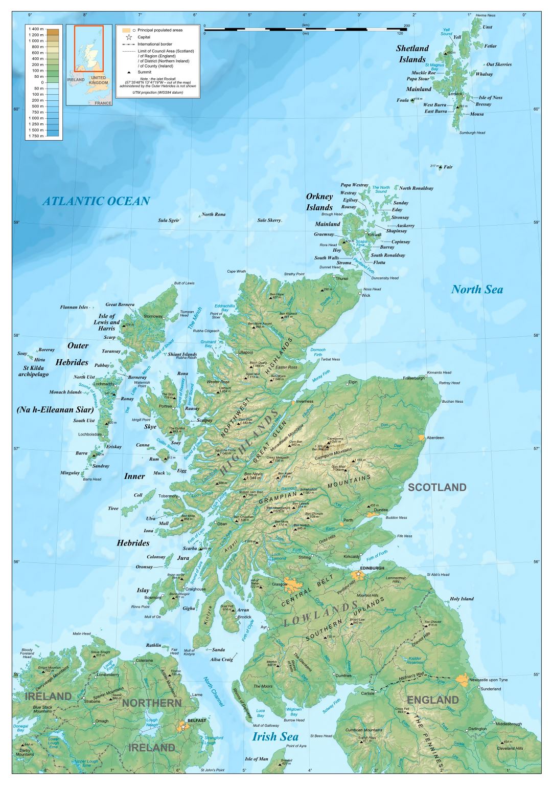 Grande detallado mapa físico de Escocia