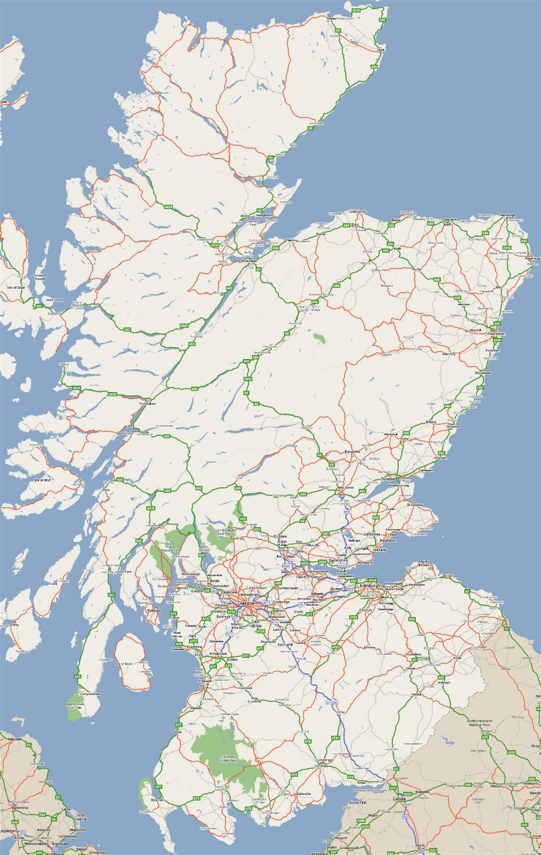Grande hoja de ruta de Escocia con ciudades