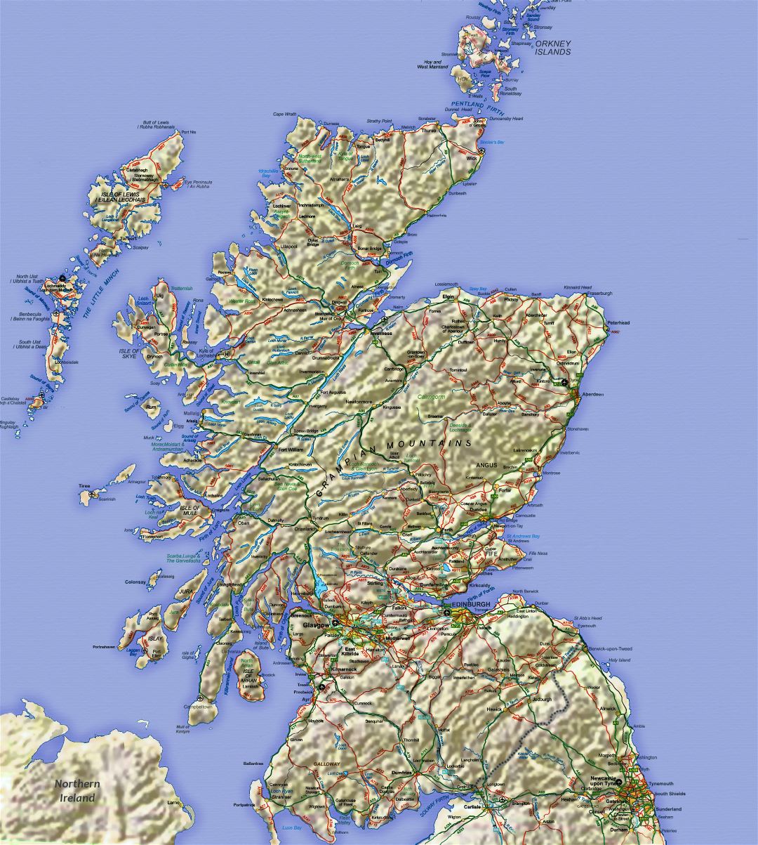 Grande mapa de Escocia con relieve, carreteras, grandes ciudades y aeropuertos