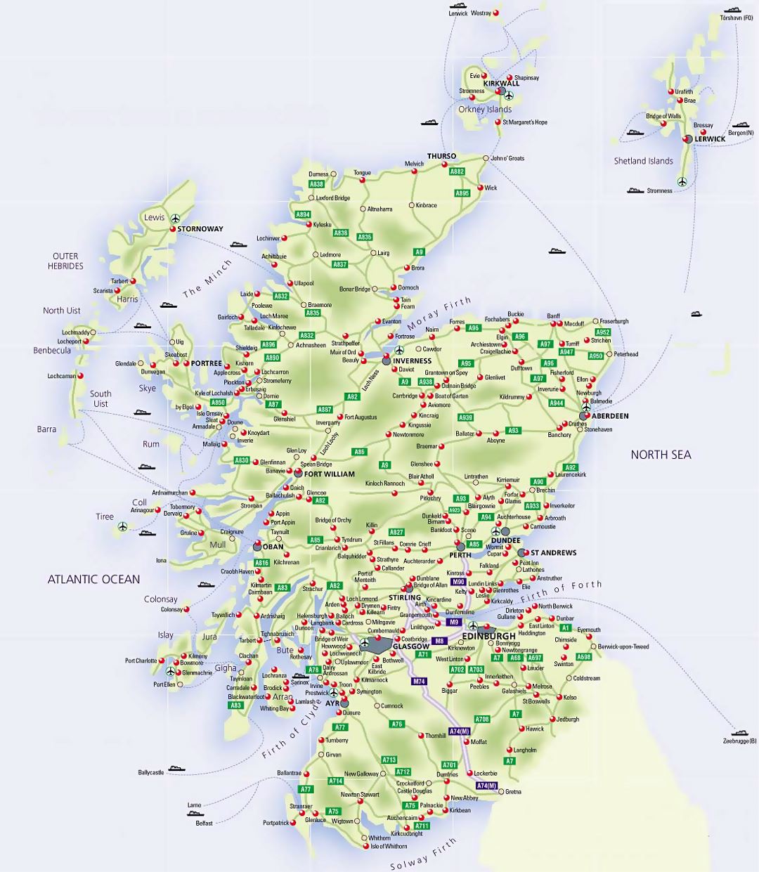 Mapa de carreteras de Escocia con aeropuertos y ciudades