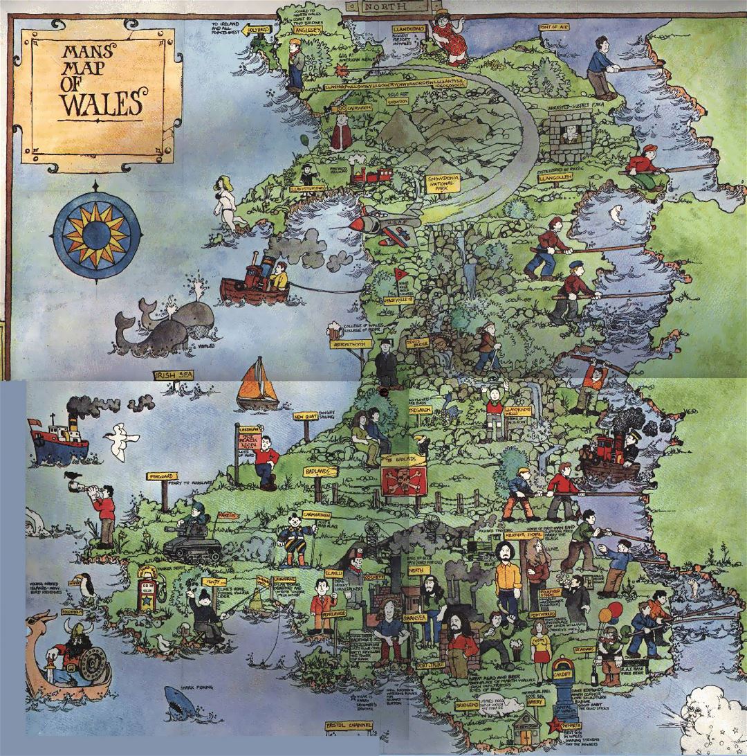 Detallado mapa turístico ilustrado de Gales
