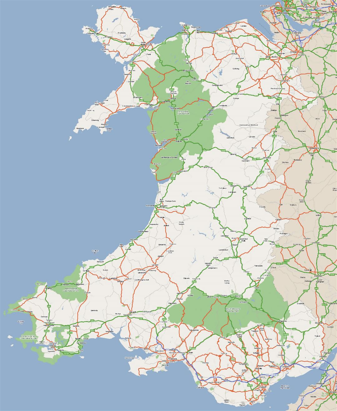 Grande detallado hoja de ruta de Gales con ciudades