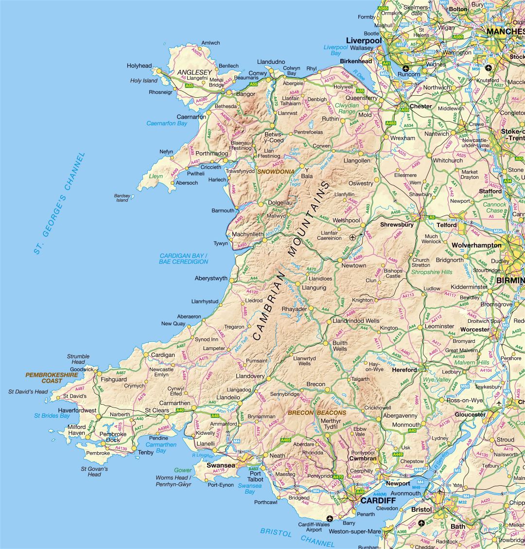 Grande detallado mapa de Gales con relieve, carreteras y ciudades