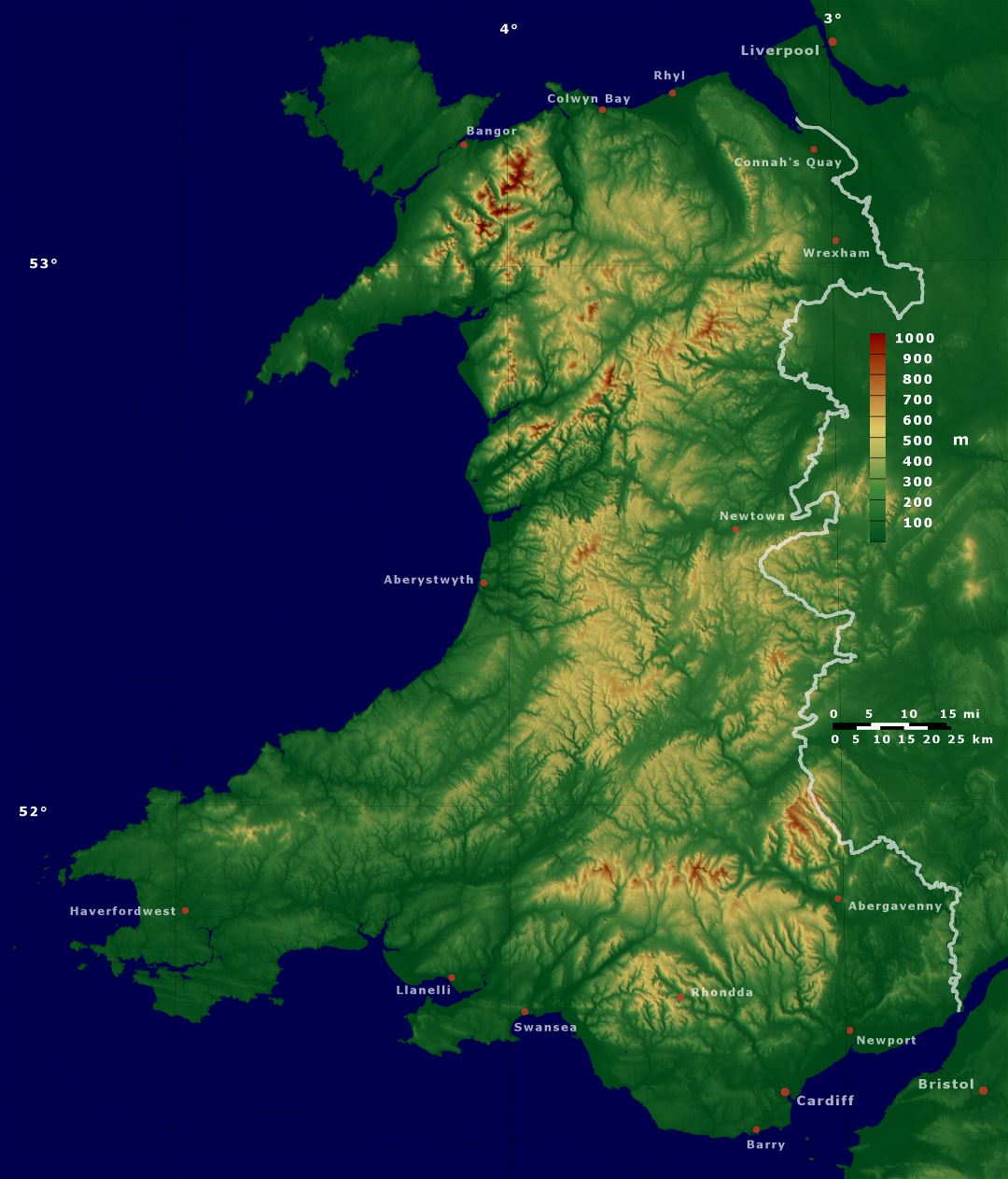 Grande detallado mapa físico de Gales