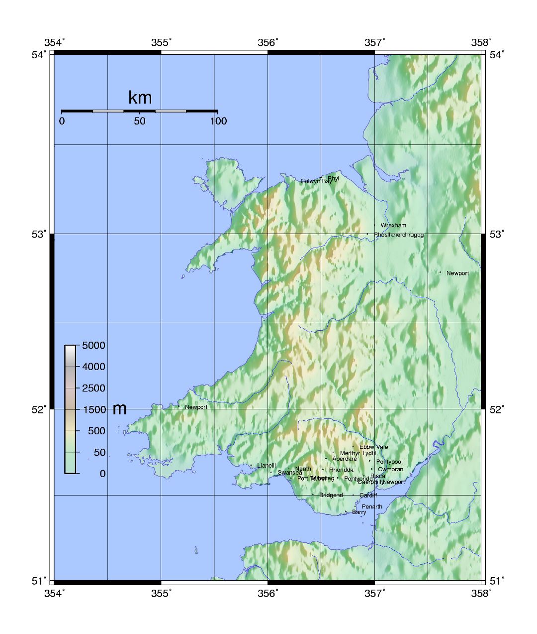 Grande mapa topográfico de Gales