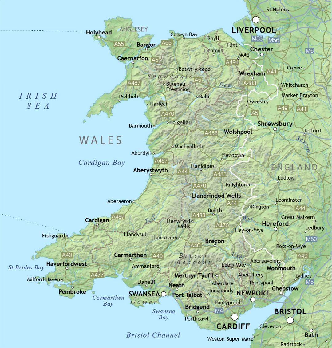 Mapa de Gales con relieve y ciudades