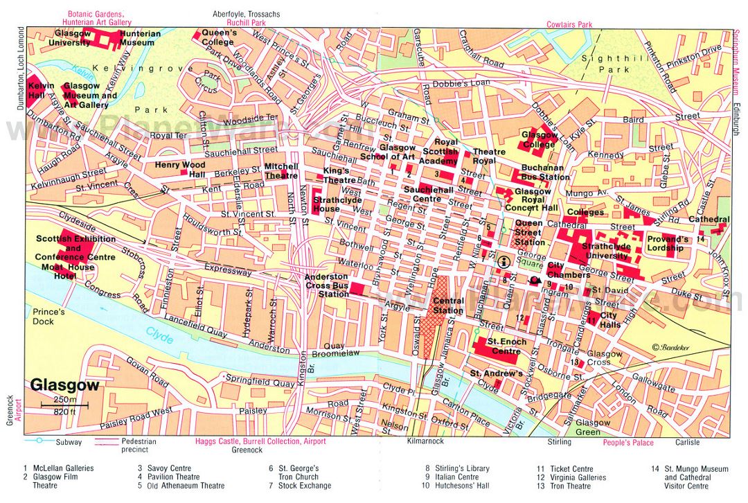 Detallado mapa turístico del centro de Glasgow