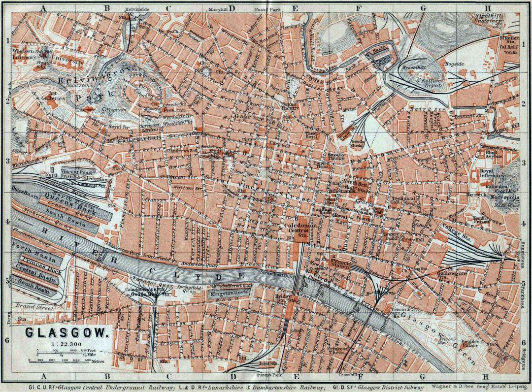 Grande antiguo mapa de ciudad de Glasgow - 1910