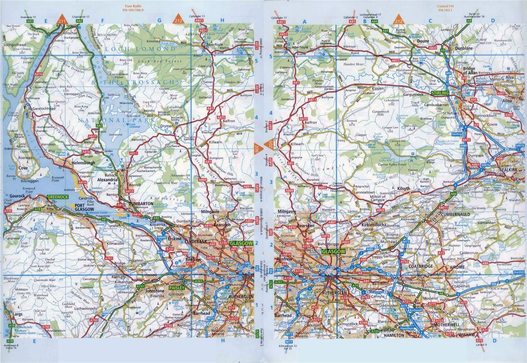 Grande detallado hoja de ruta de Glasgow y sus alrededores