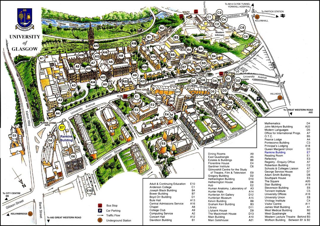 Grande detallado mapa de la Universidad de Glasgow