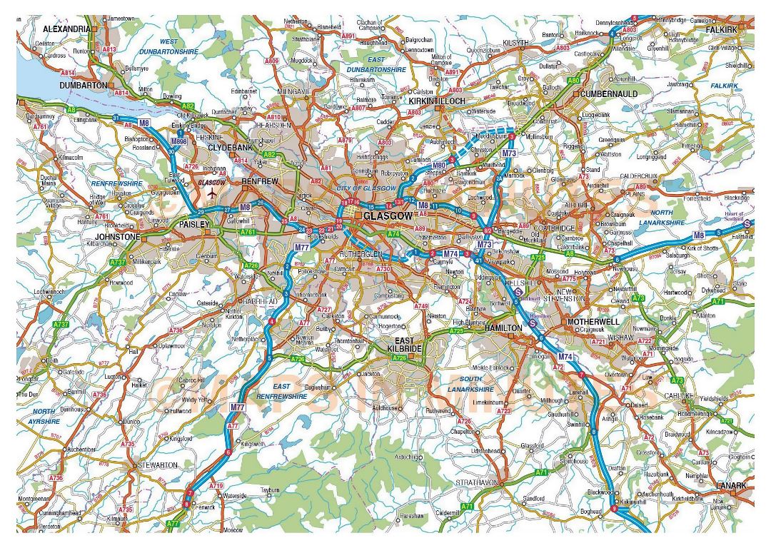 Grande mapa de carreteras de Glasgow y sus alrededores con aeropuertos