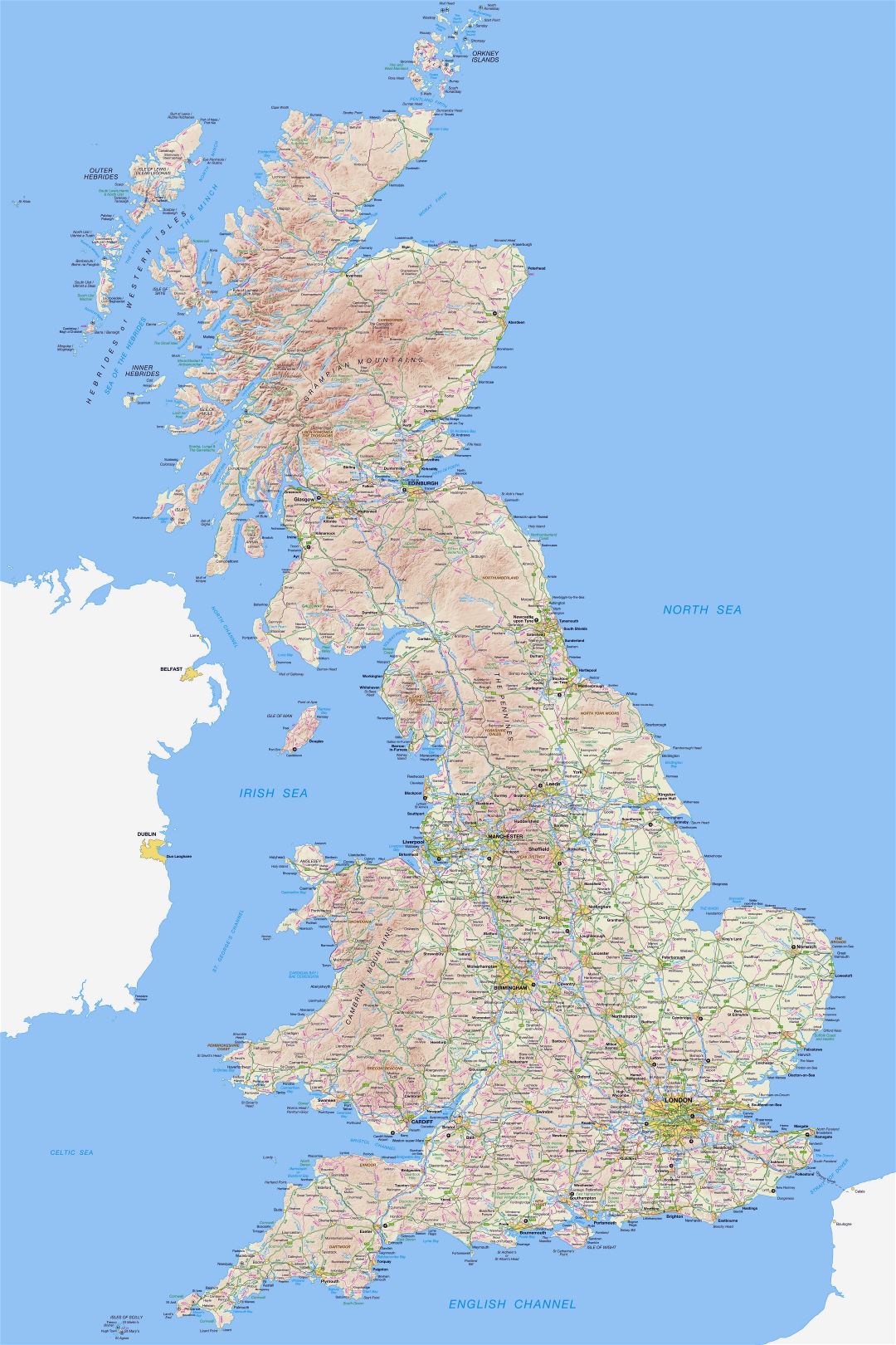 Grande detallado hoja de ruta de Gran Bretaña con relieve, todos los pueblos, ciudades y aeropuertos