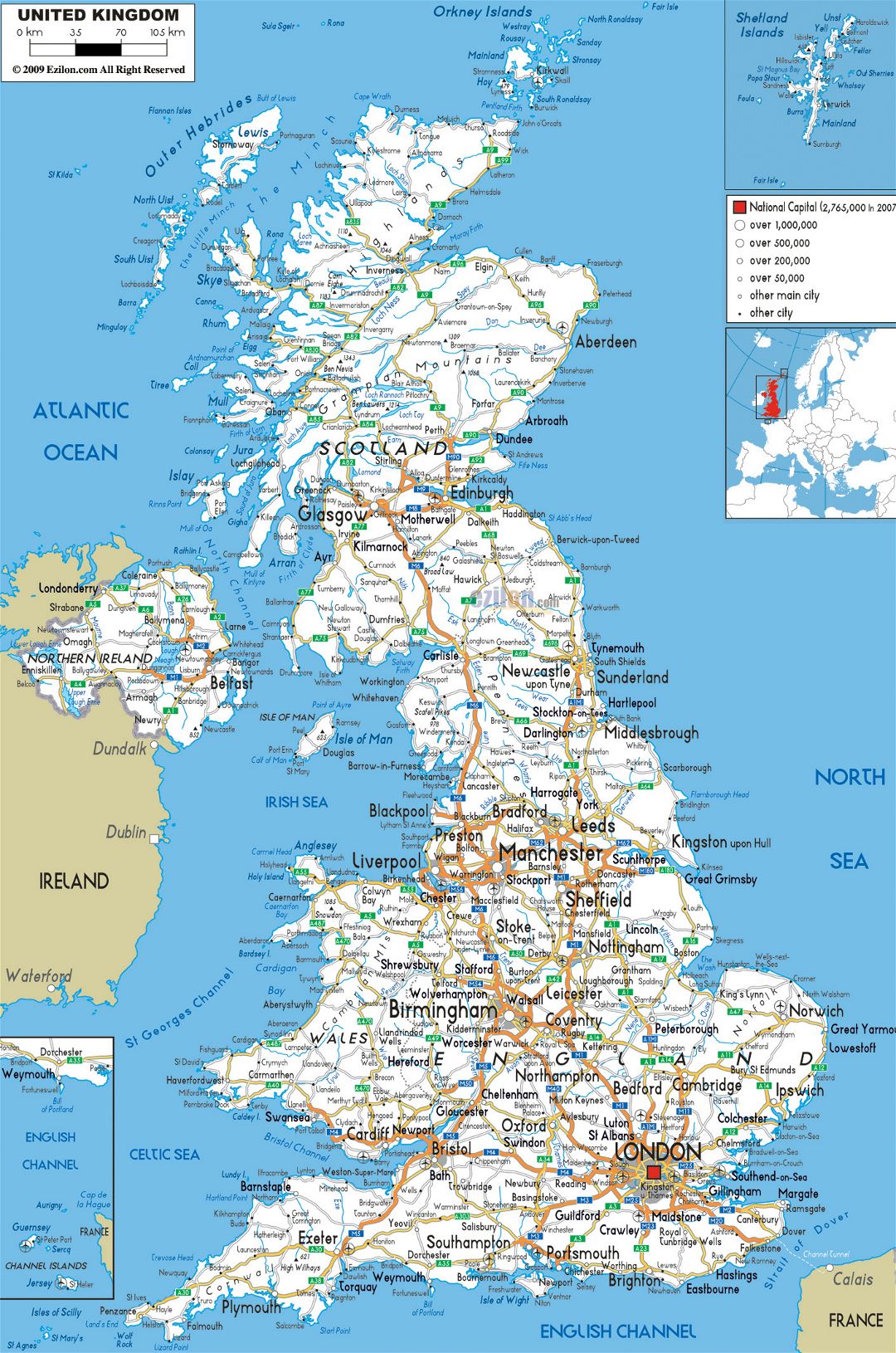 Grande hoja de ruta del Reino Unido con ciudades y aeropuertos