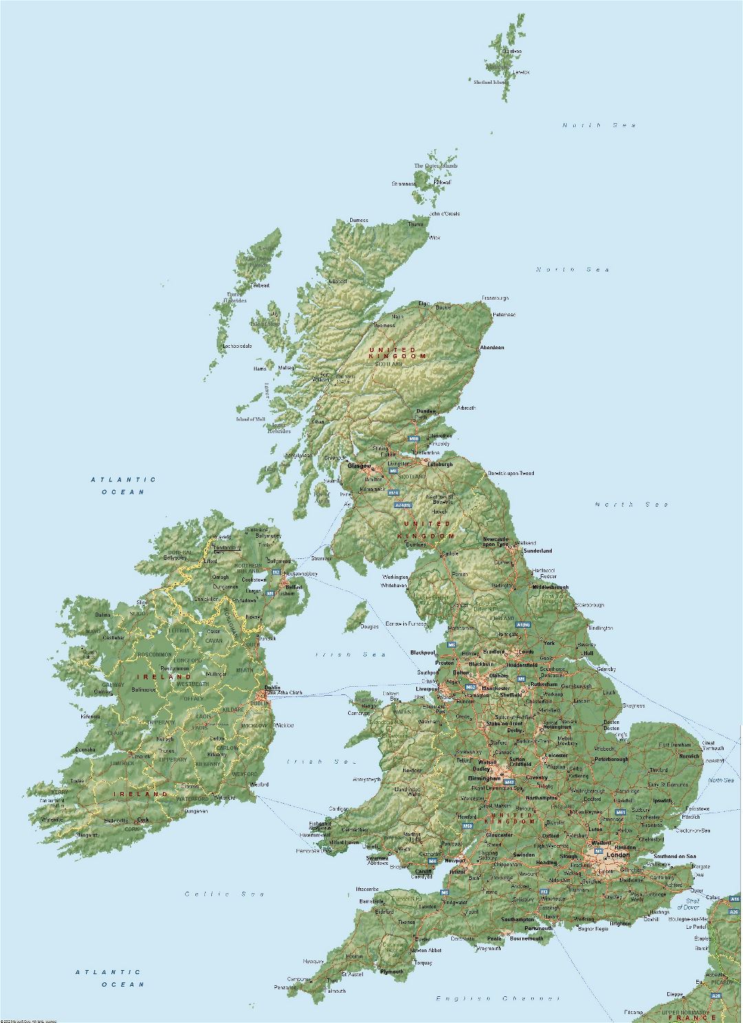 Grande mapa del Reino Unido con relieve, carreteras y ciudades
