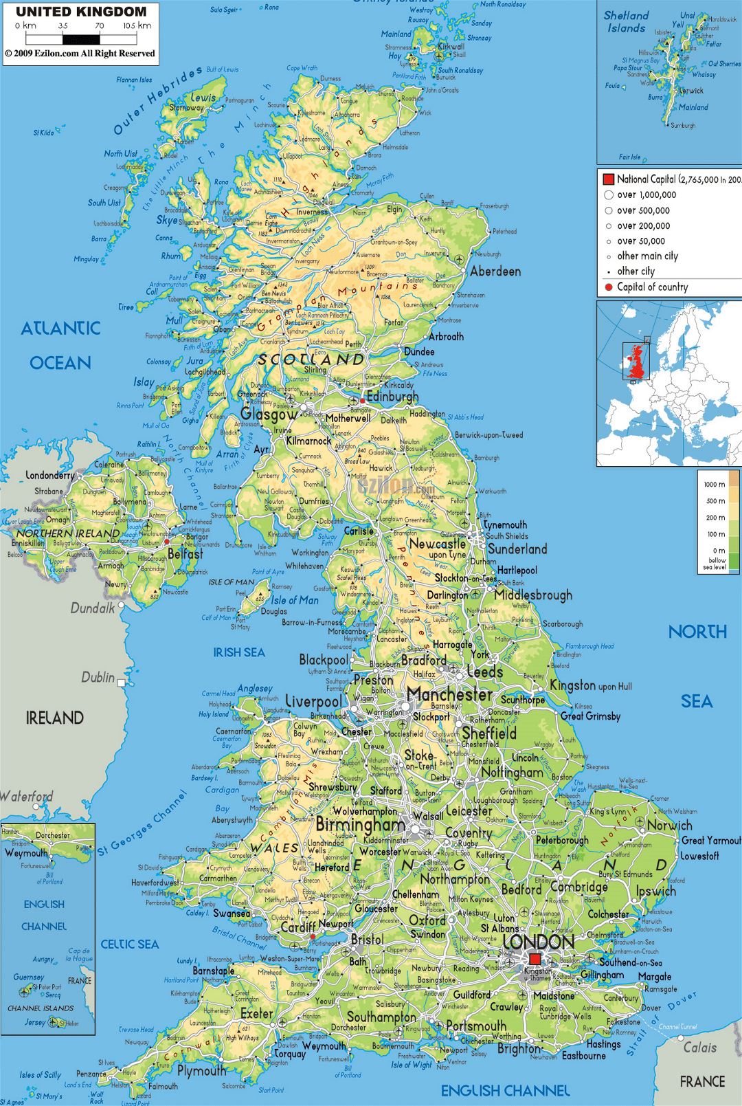 Grande mapa físico del Reino Unido con carreteras, ciudades y aeropuertos