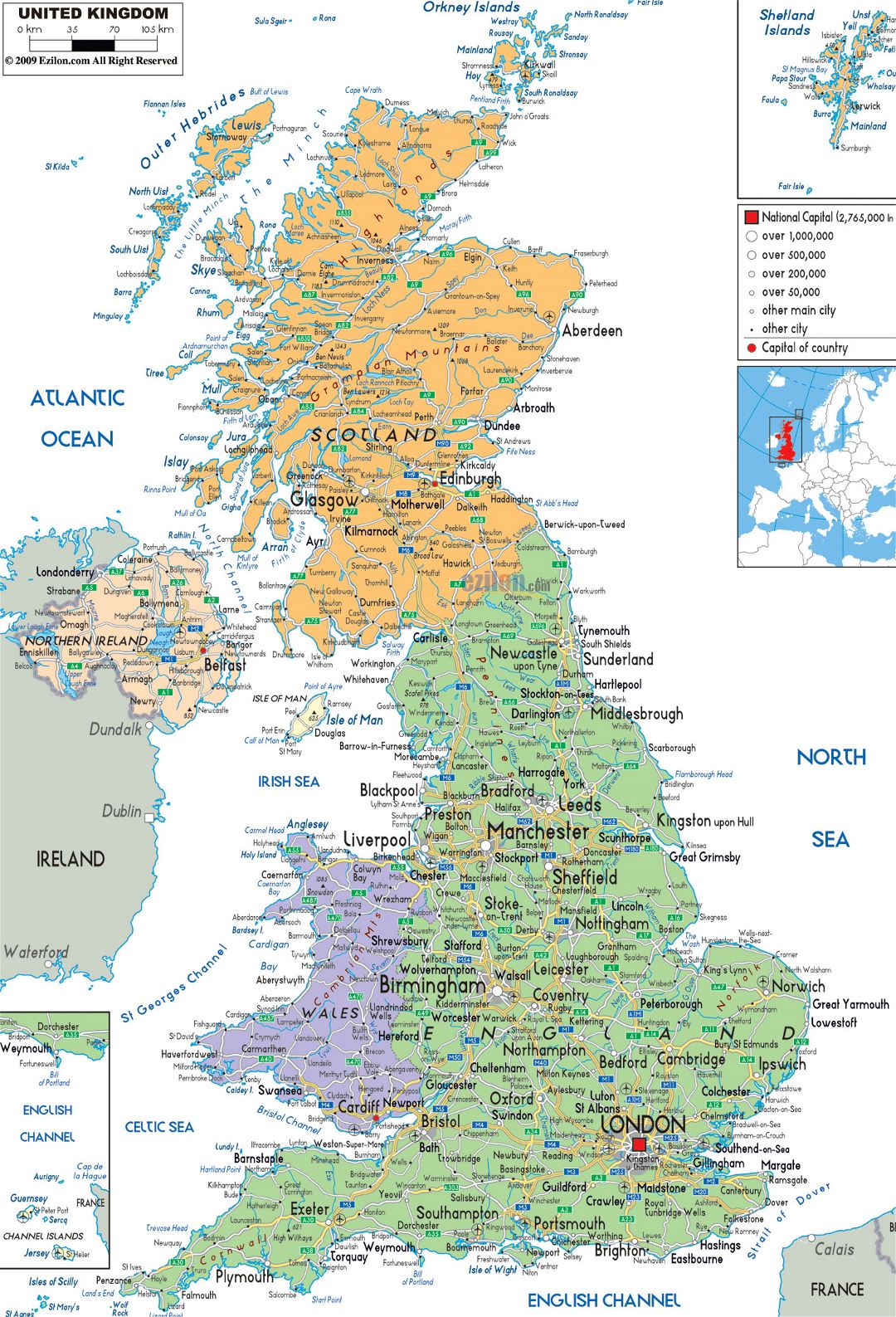 Grande mapa político y administrativo del Reino Unido con carreteras, ciudades y aeropuertos