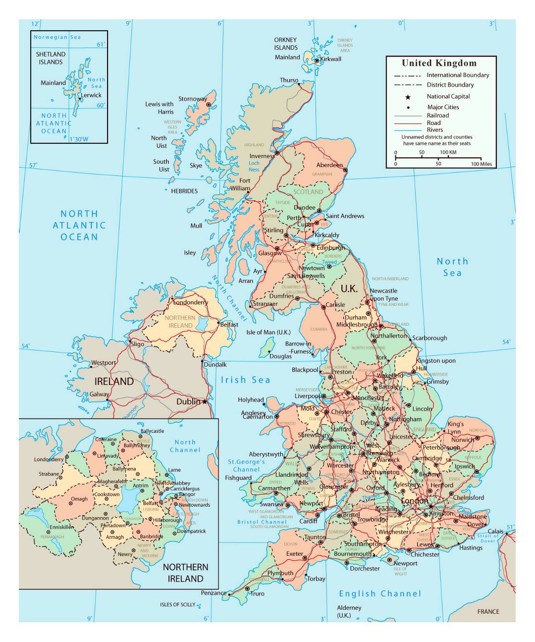 Grande mapa político y administrativo del Reino Unido con carreteras, ferrocarriles y ciudades importantes