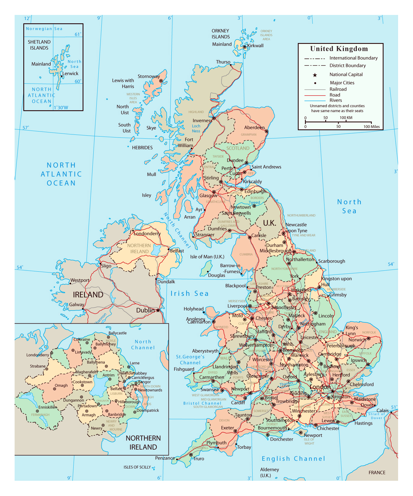 Grande mapa político y administrativo del Reino Unido con carreteras