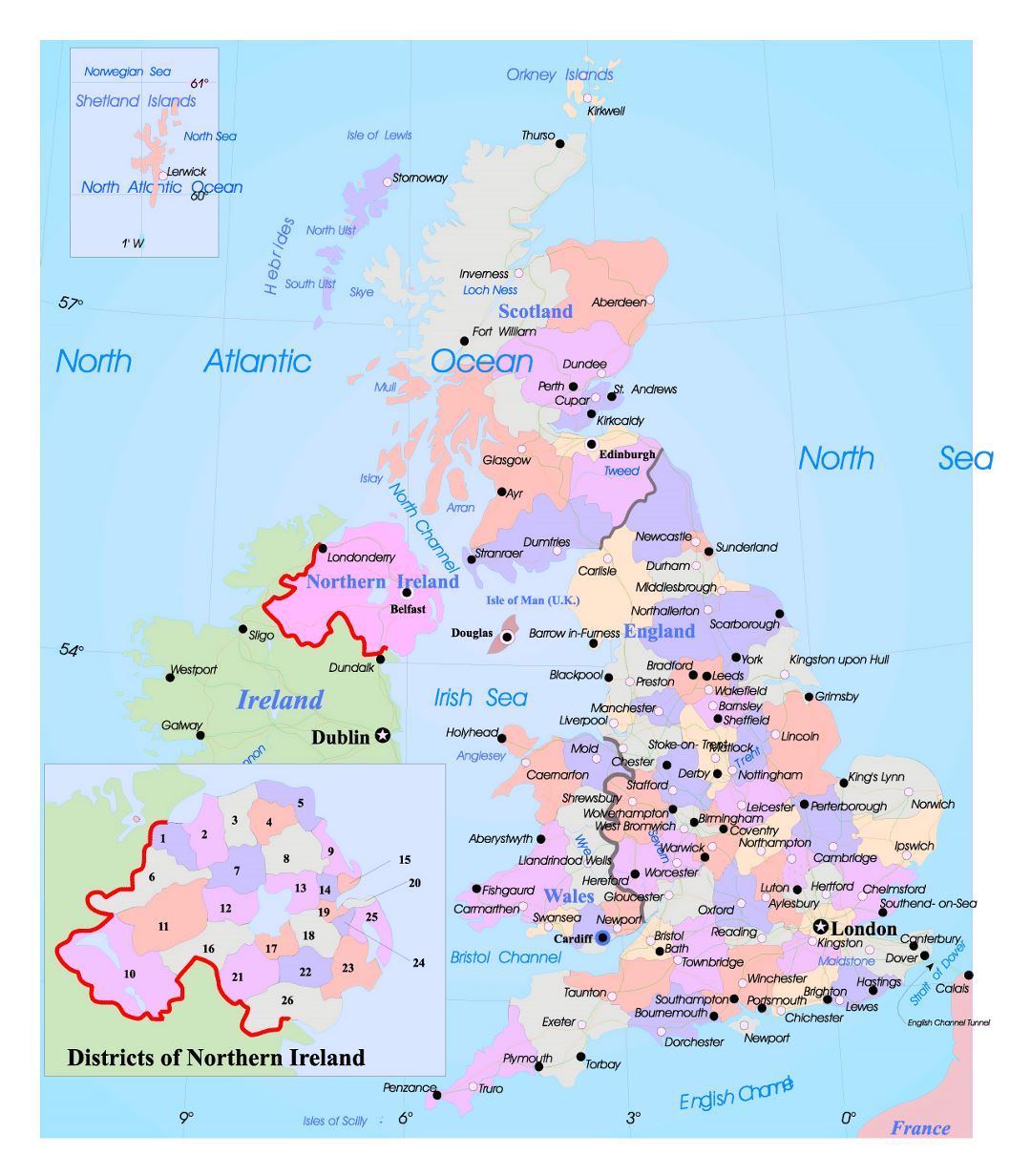 Grande mapa político y administrativo del Reino Unido con carreteras y