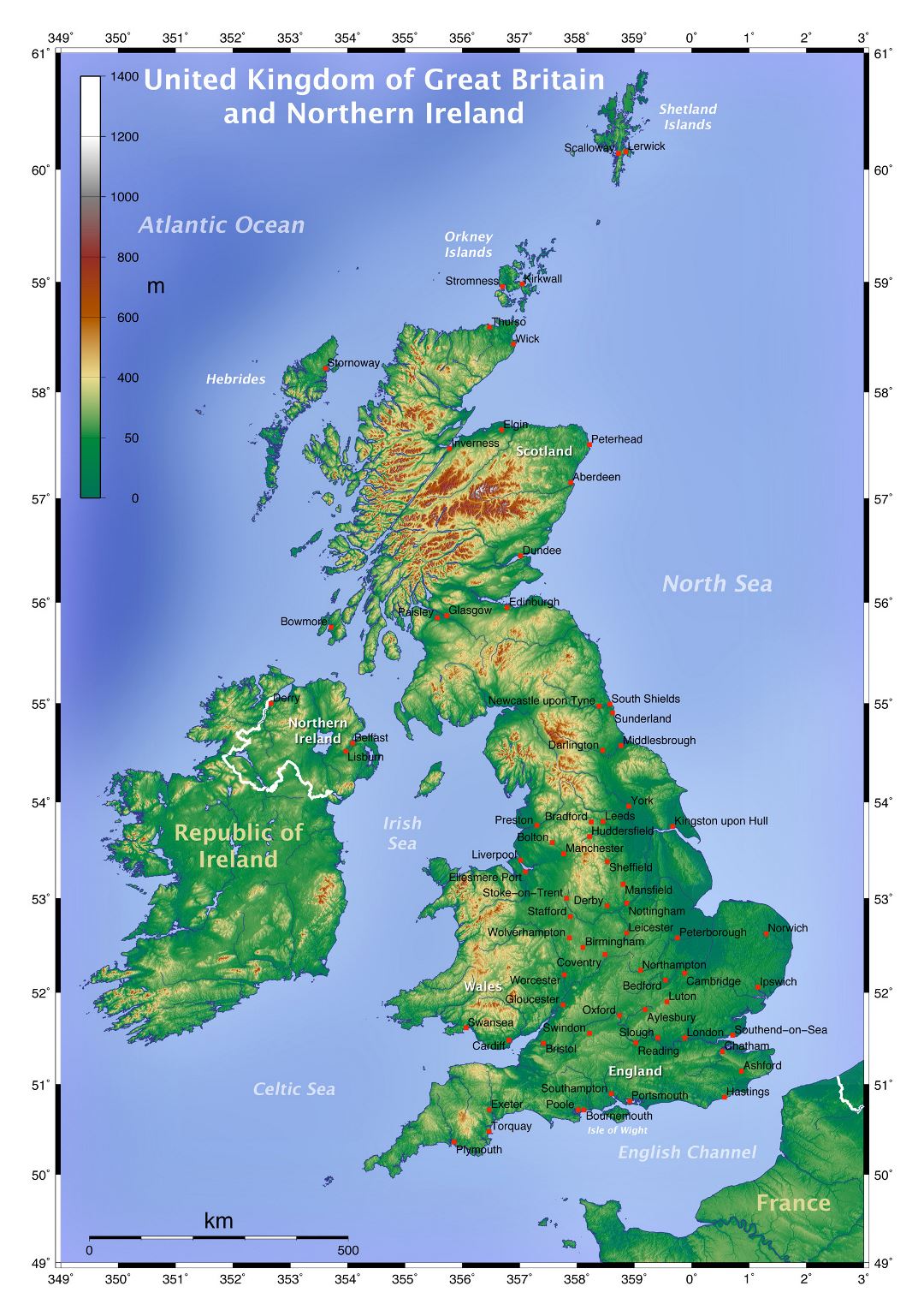 Grande mapa topográfico del Reino Unido