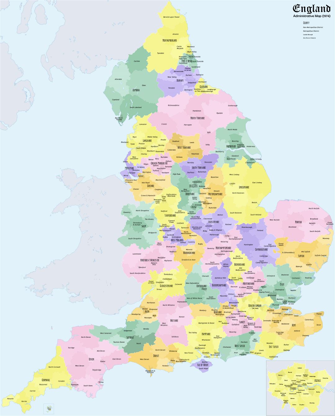 Grande detallado mapa administrativo de Inglaterra - 1974