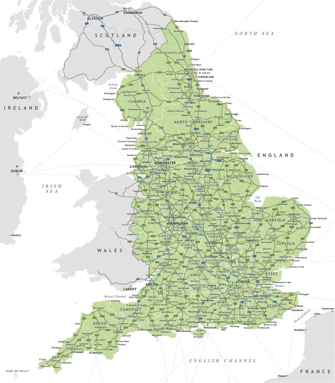 Grande detallado mapa de carreteras de Inglaterra con ciudades