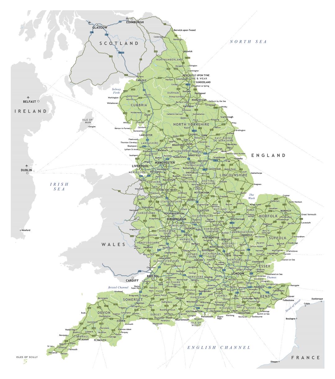 Grande detallado mapa de Inglaterra con carreteras, ciudades y aeropuertos