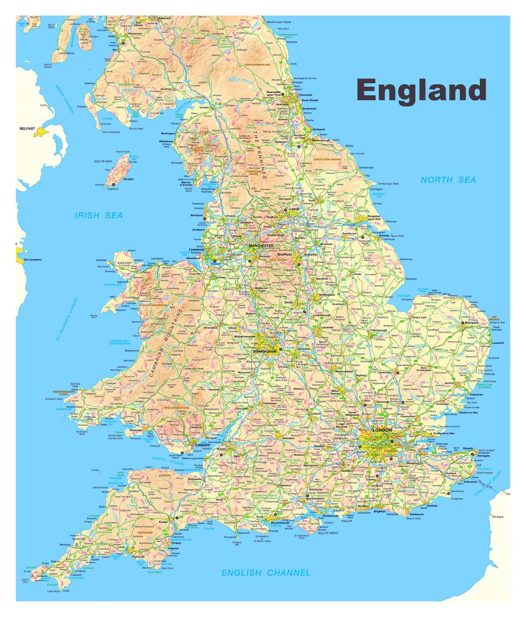 Grande mapa de Inglaterra con carreteras, ciudades y otras marcas