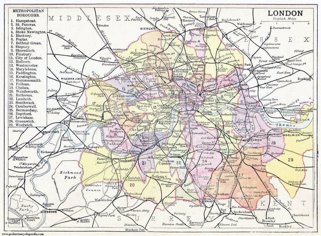 Grande mapa antiguo de ciudad de Londres - 1906