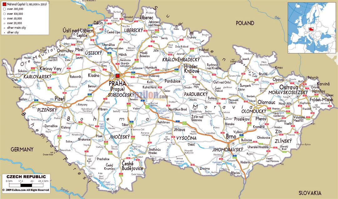 Gran hoja de ruta de la República Checa con las ciudades y aeropuertos