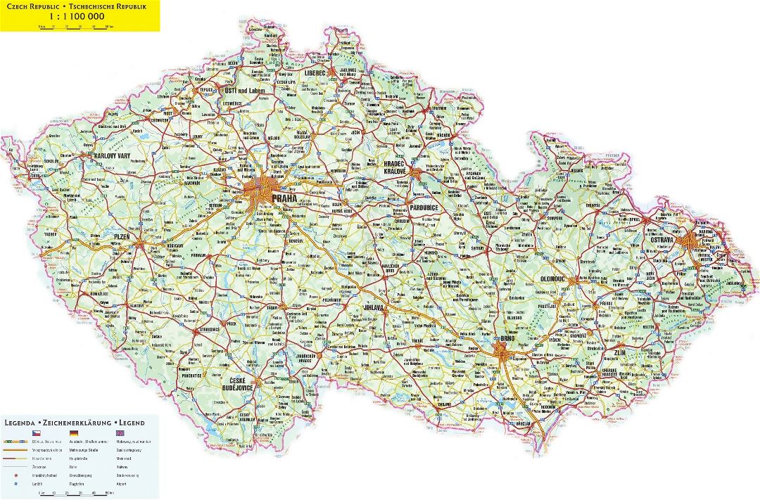 Hoja de ruta detallada de la República Checa con todas las ciudades
