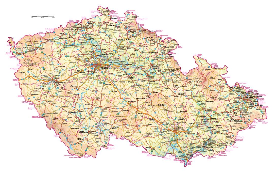 Mapa de elevación detallada de la República Checa con carreteras y todas las ciudades