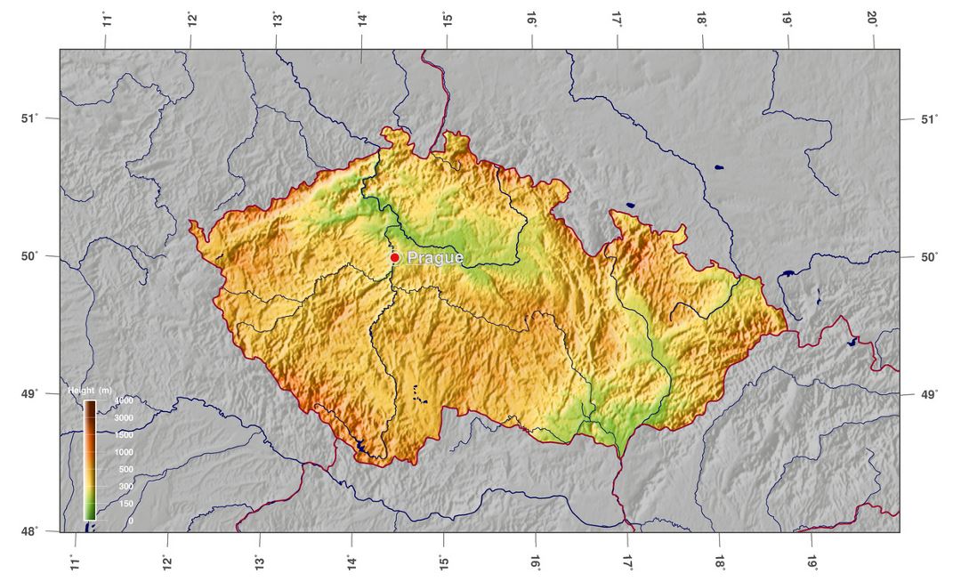 Mapa físico grande de República Checa