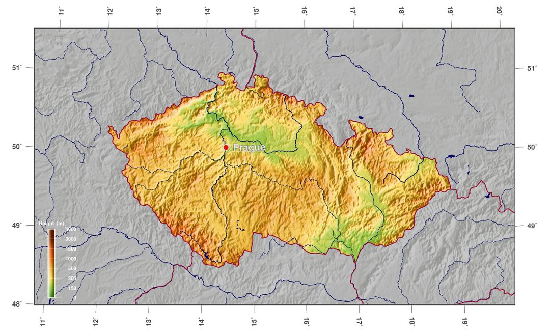 Mapa físico grande de República Checa