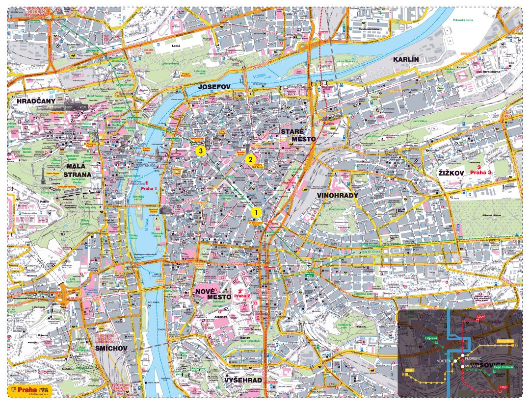 Ampliación de carretera y turística detallada mapa de la ciudad de Praga