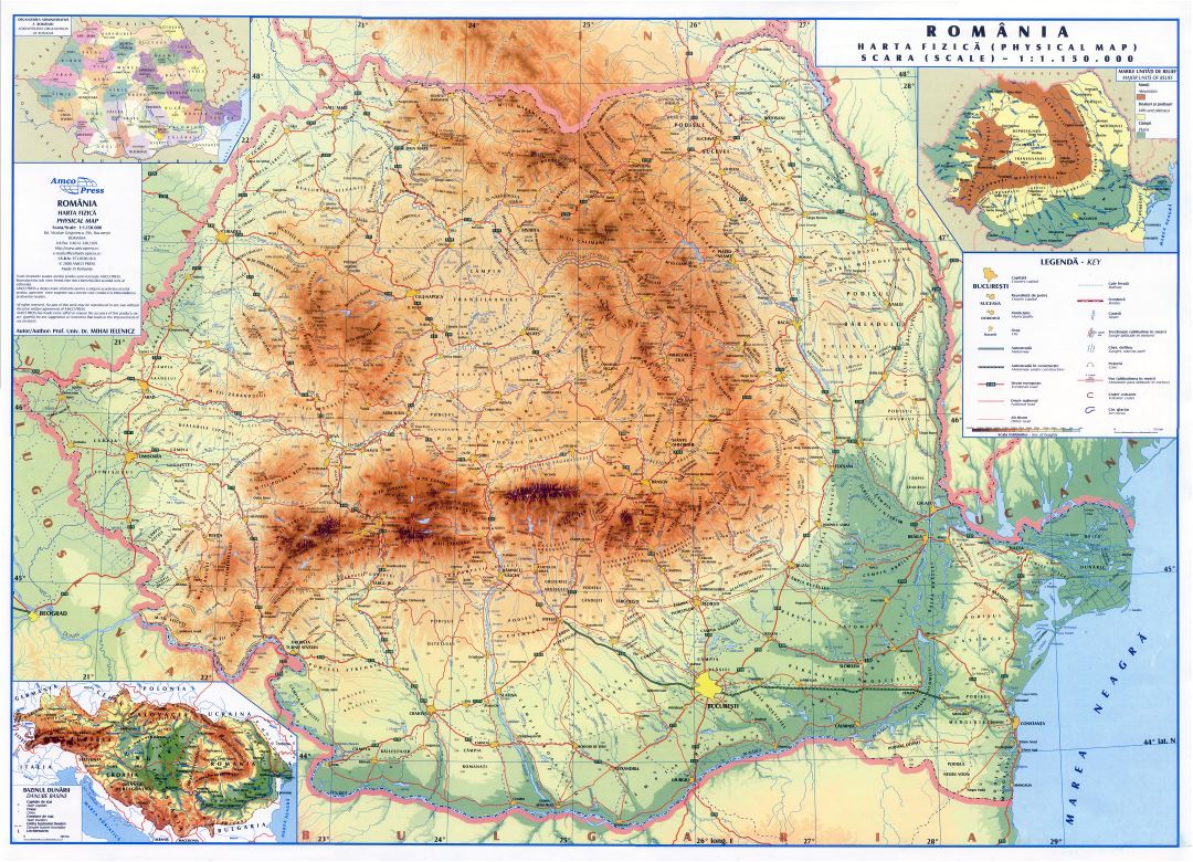 A gran escala detallado mapa físico de Rumania con carreteras, ciudades y otras marcas