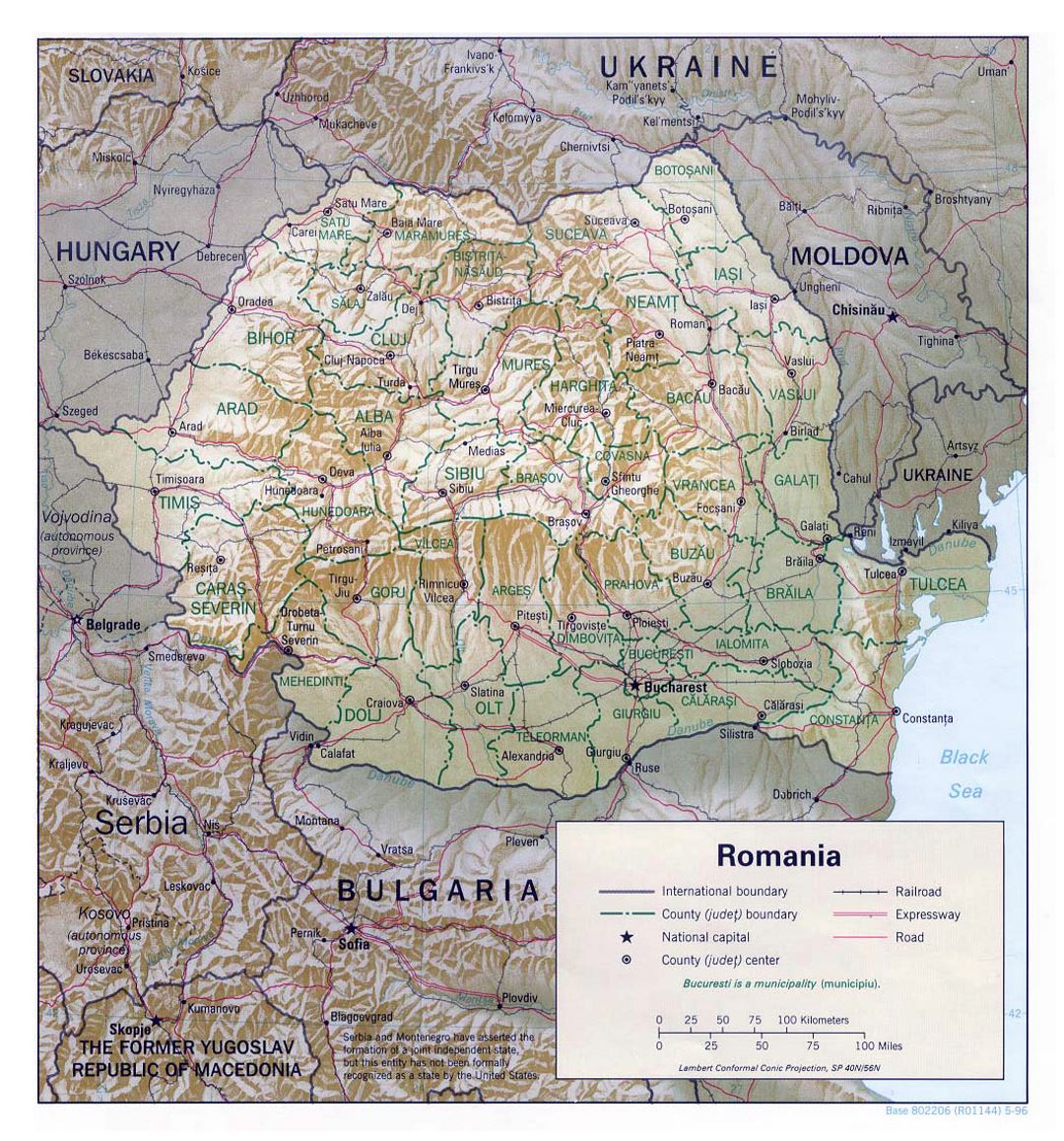 Detallado mapa político y administrativo de Rumania con alivio, carreteras, vías férreas y principales ciudades - 1996