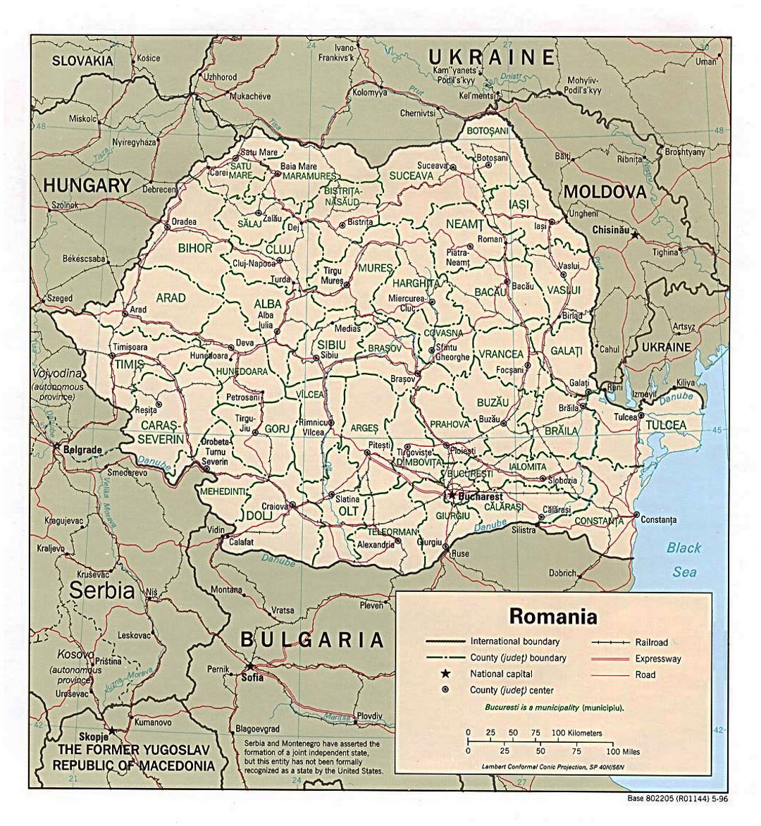 Detallado mapa político y administrativo de Rumania con carreteras, ferrocarriles y principales ciudades - 1996