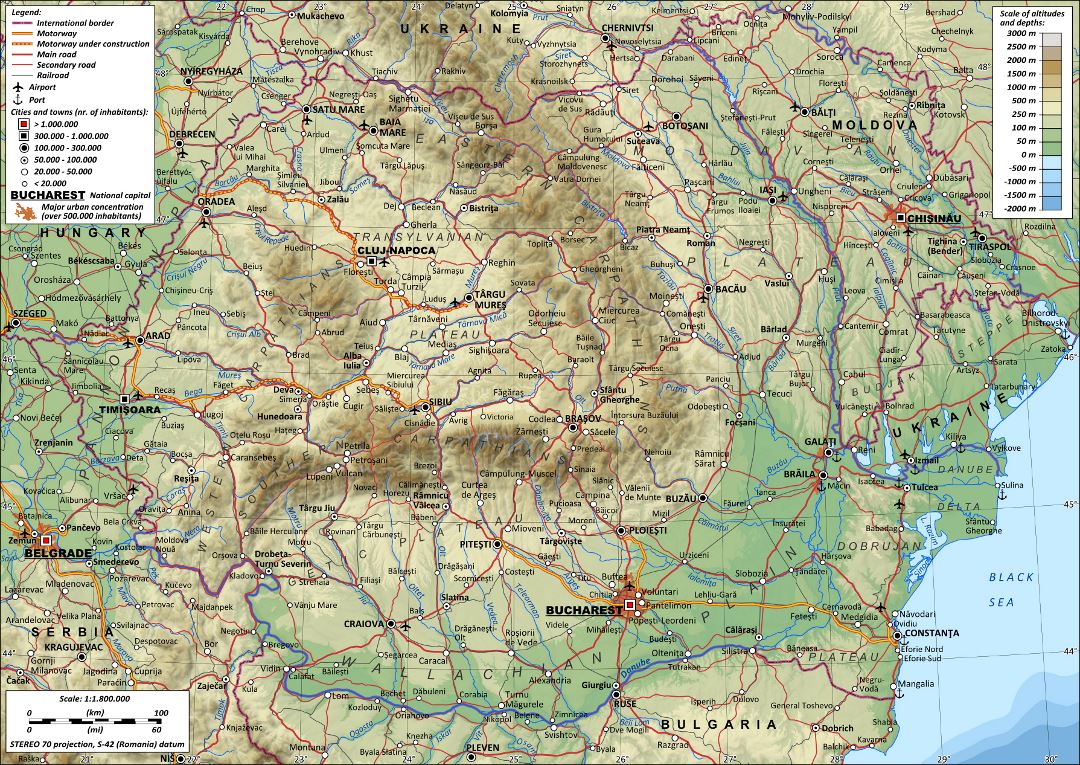 Grande detallado mapa físico de Rumania con carreteras, ciudades y aeropuertos