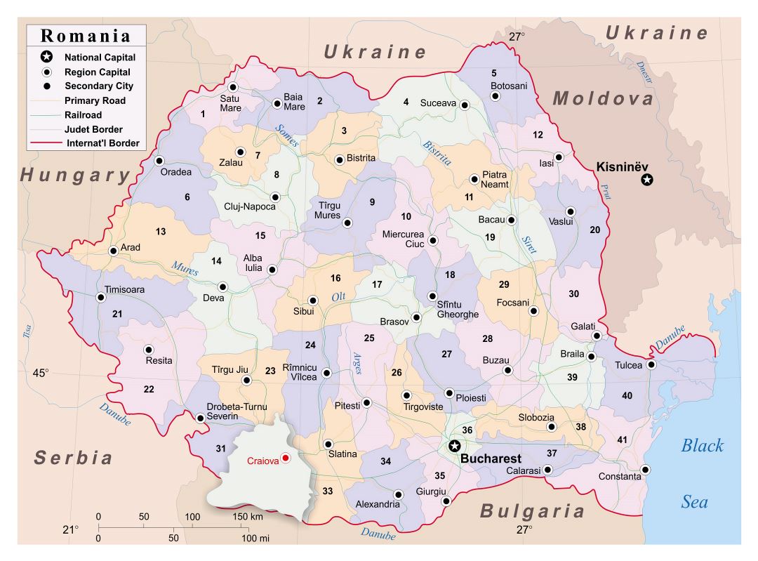 Grande detallado mapa político y administrativo de Rumania con principales ciudades