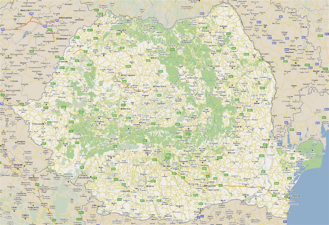 Grande hoja de ruta de Rumania con ciudades