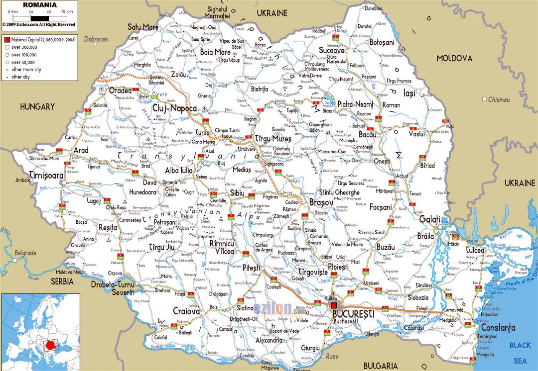 Grande hoja de ruta de Rumania con ciudades y aeropuertos